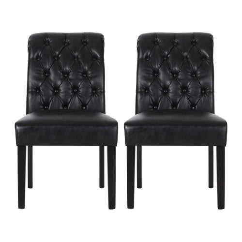Mein Dining Chair Set of 2 | Rolltop Tufted Black Faux Leather | Wood
