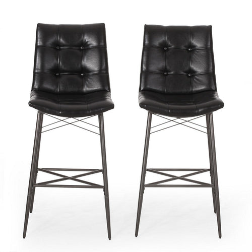 Nimma Barstool Chair Set of 2 | Tufted Black Faux Leather | Brown