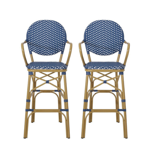Lyam Set of 2 Outdoor Barstool Chair | Navy Blue Wicker Brown Aluminum