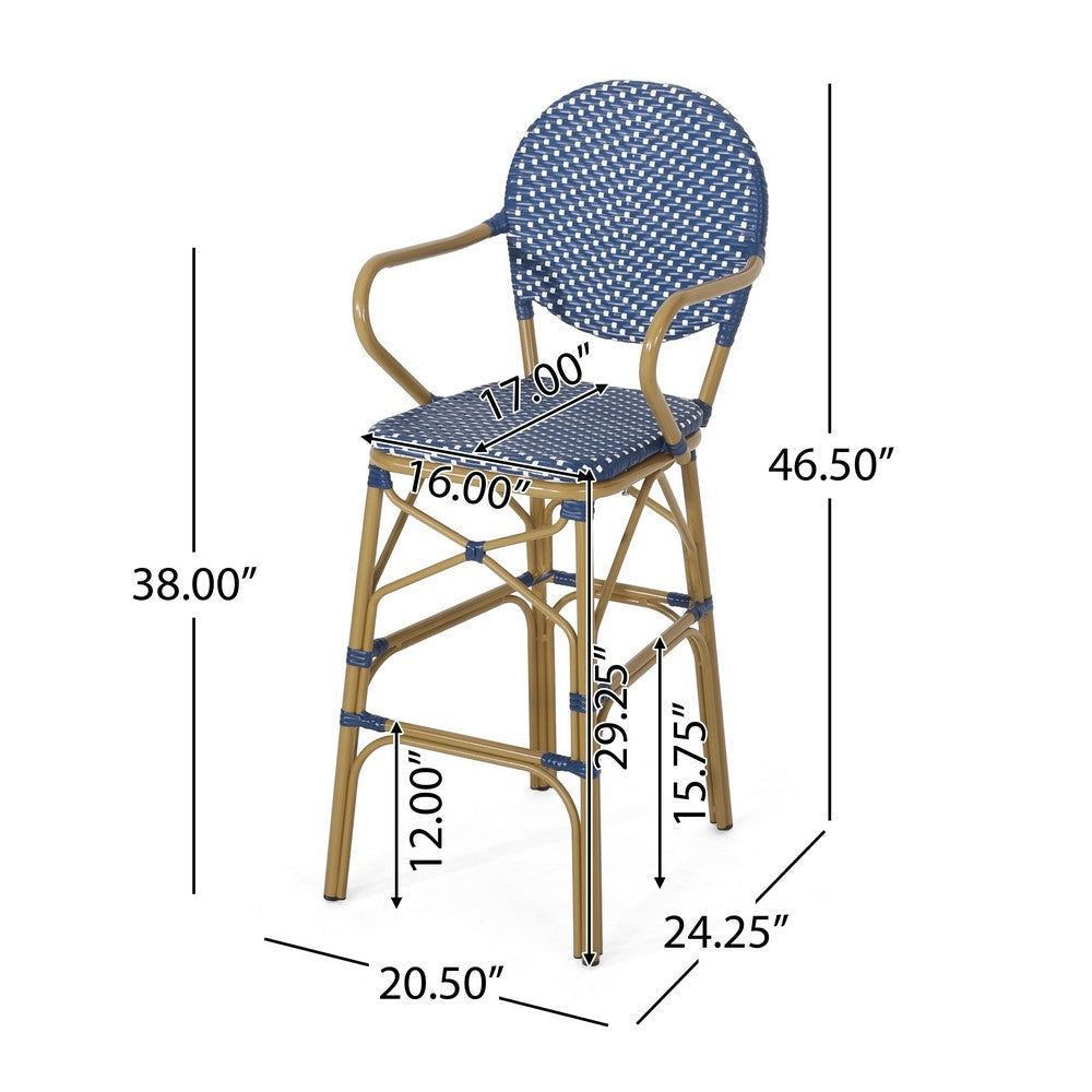 Lyam Set of 2 Outdoor Barstool Chair | Navy Blue Wicker Brown Aluminum