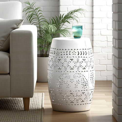 Sola Side Table | Solar Powered Light | 18" Barrel Shaped White Iron