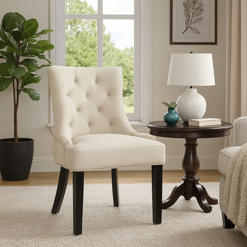 Chen Dining Chair Set of 2 | Beige Fabric Upholstered Tufted Backrest