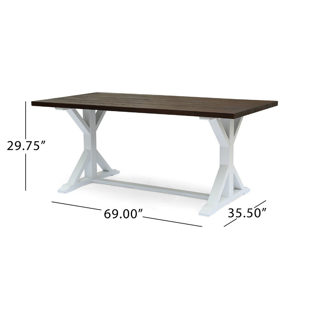 Indoor/Outdoor Dining Table | 69" Brown Rectangular Wood Top | White