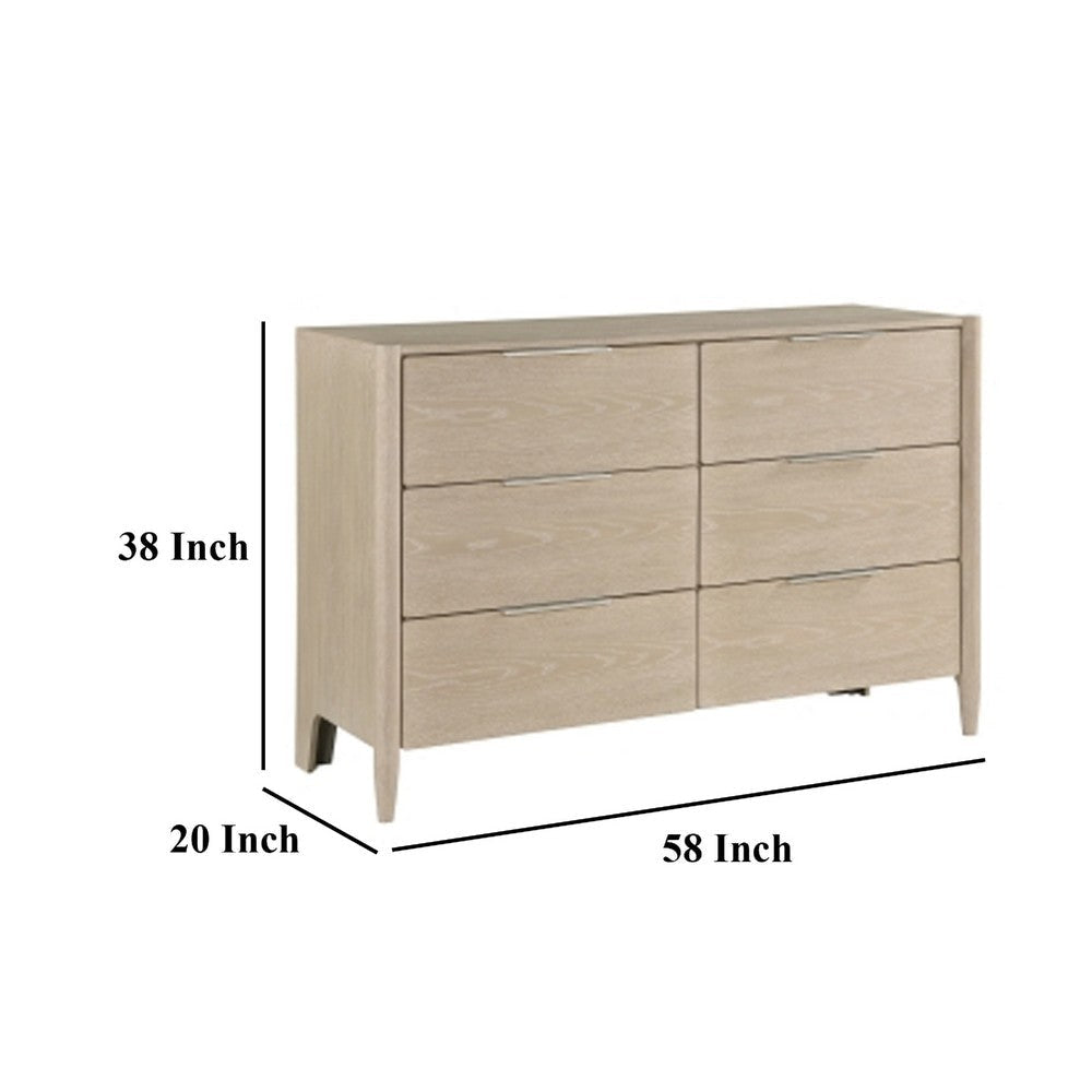 Maty Dresser | 58’’ | 6 Drawers | Light Oak Brown Ceruse | Nickel Pulls BM335836