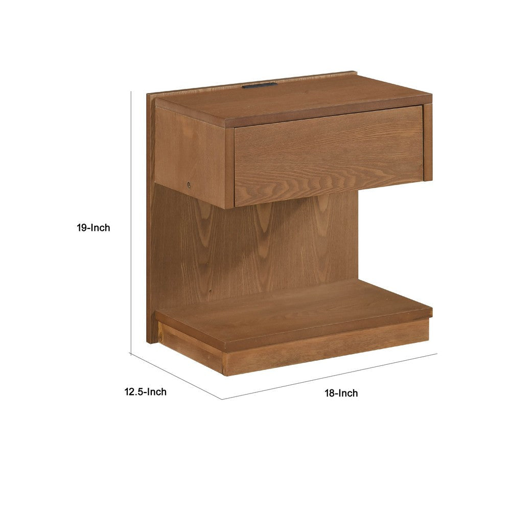 C Shaped End Table | 1 Drawer USB Port | 18’’ | Wire Brush Brown Wood BM335861