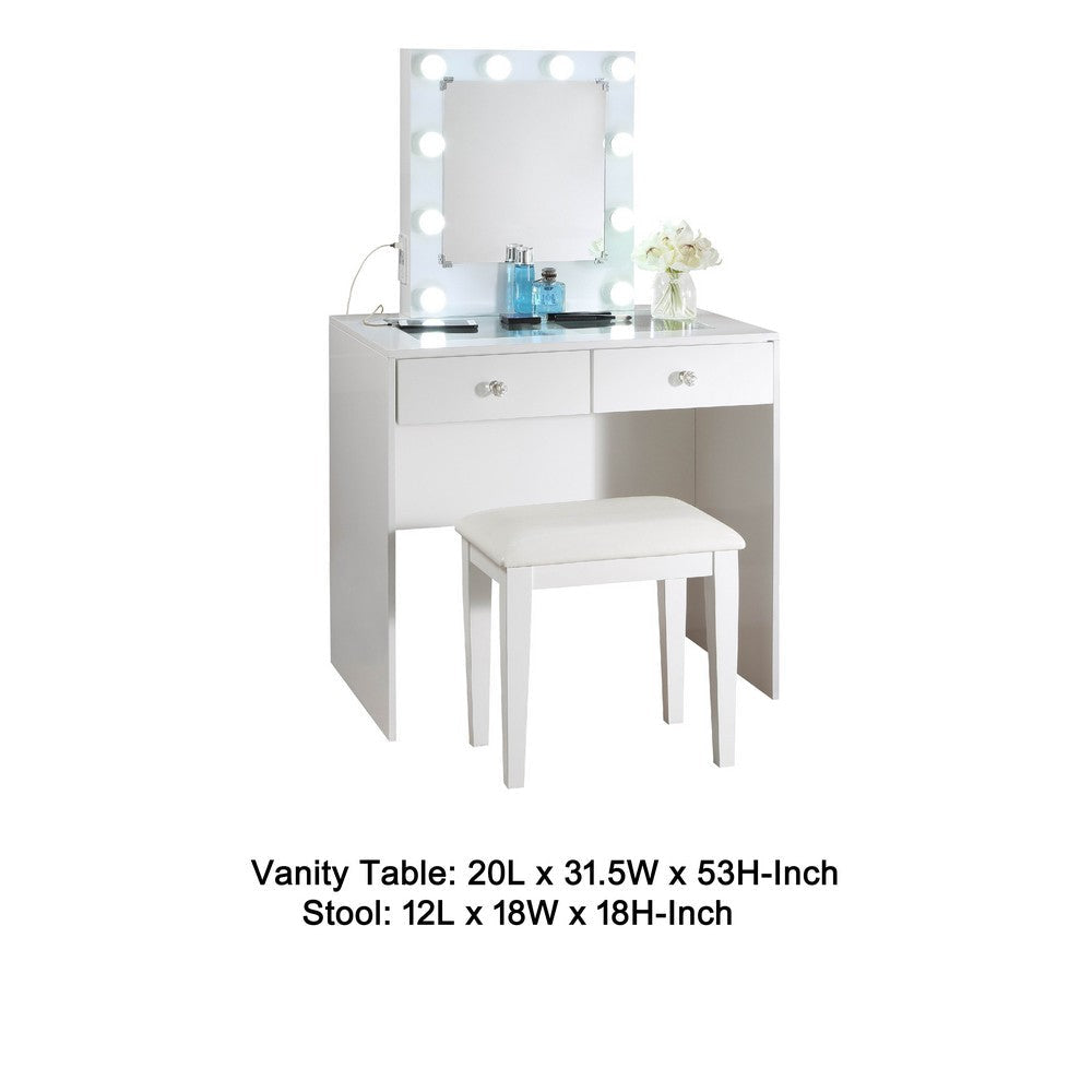 Hudi Makeup Vanity and Stool Set | 10 Light | USB Power Outlet | White