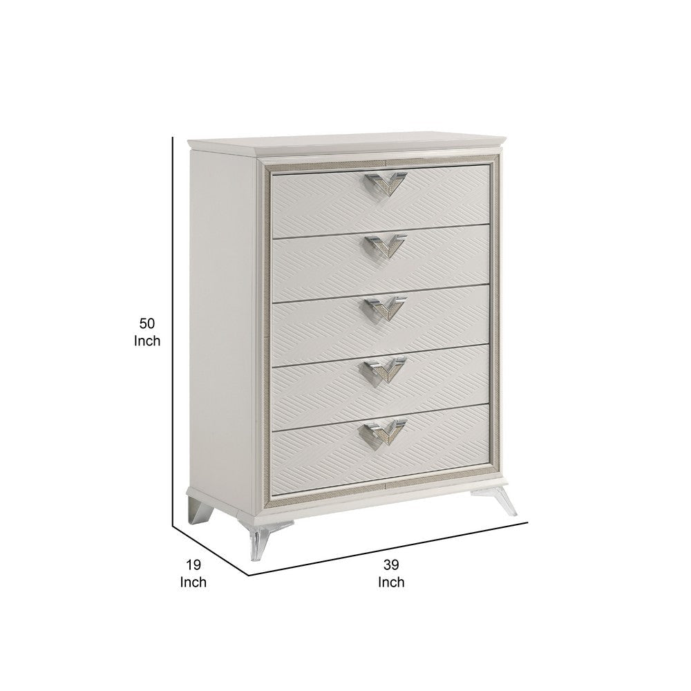Dery Tall Dresser Chest | 5 Drawer Chrome Angled Handles | White Gold BM335930