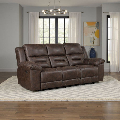 Henry Manual Double Reclining Sofa | Pillow Tuft Dark Brown Microfiber