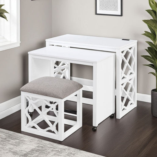 Syna 3 Piece Nesting Desk and Stool Set | White Wood | Gray Polyester