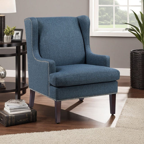 Rossana Accent Wing Armchair | Blue Polyester | Brown Wood | Nailhead