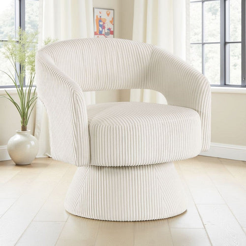 Rayne Swivel Accent Chair | Ivory Corduroy | Round Metal Swivel Base