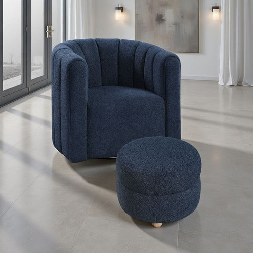 Noa Swivel Chair and Ottoman | Channel Tufted Curved Blue Boucle