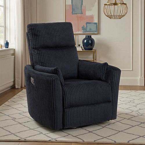 Rix Swivel Glider Recliner Chair w 2 Lumbar Pillows | Black Corduroy