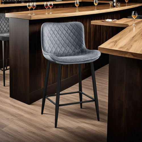 Aniya Counter Stool Chair Set of 2 | Black Metal | Dark Gray Velvet