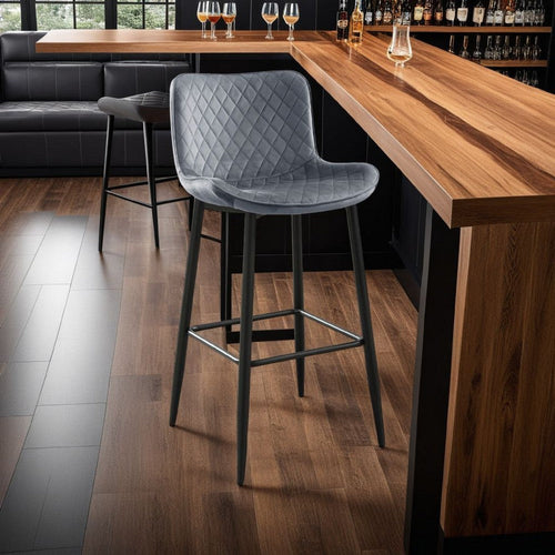 Aniya Bar Stool Chair Set of 2 | Black Metal Legs | Dark Gray Velvet