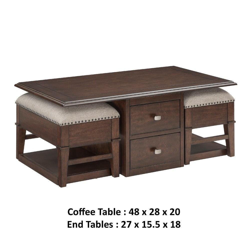 Merry Coffee Table with 2 Nesting Ottomans | Brown Wood | Beige BM336085