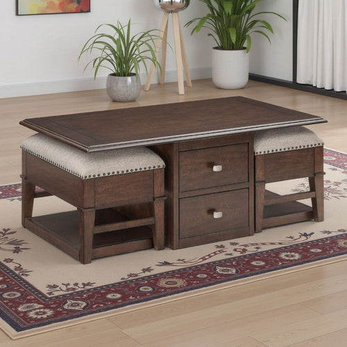 Merry Coffee Table with 2 Nesting Ottomans | Brown Wood | Beige