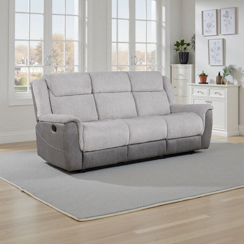 Feo Manual Reclining Sofa w Console | White Gray Microfiber 86"