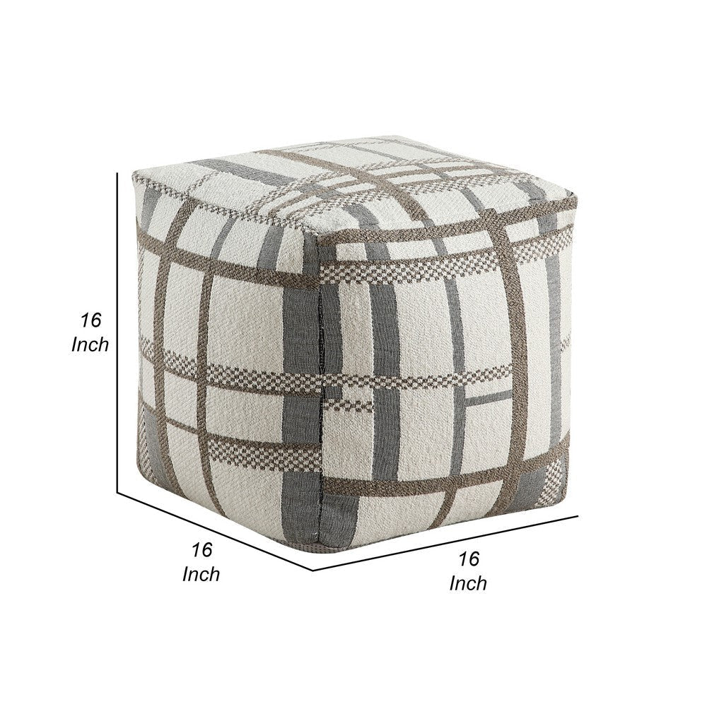 Modern Pouf Ottoman | Beige Gray Chunky Plaid Jacquard | 16’’ Square BM336168