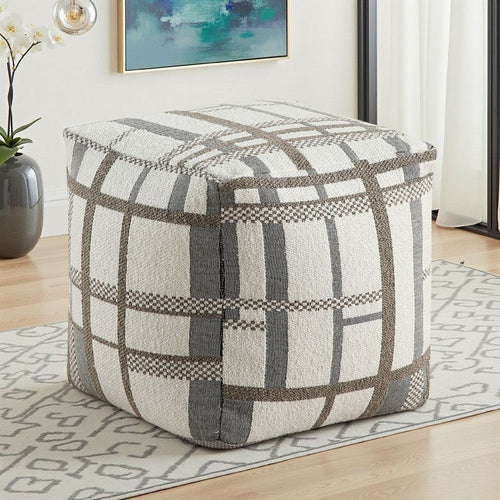 Modern Pouf Ottoman | Beige Gray Chunky Plaid Jacquard | 16" Square