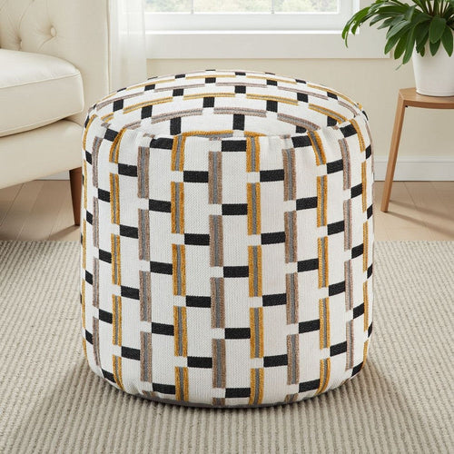Modern Pouf Ottoman | Beige Gray Geometric Block Jacquard | 16"