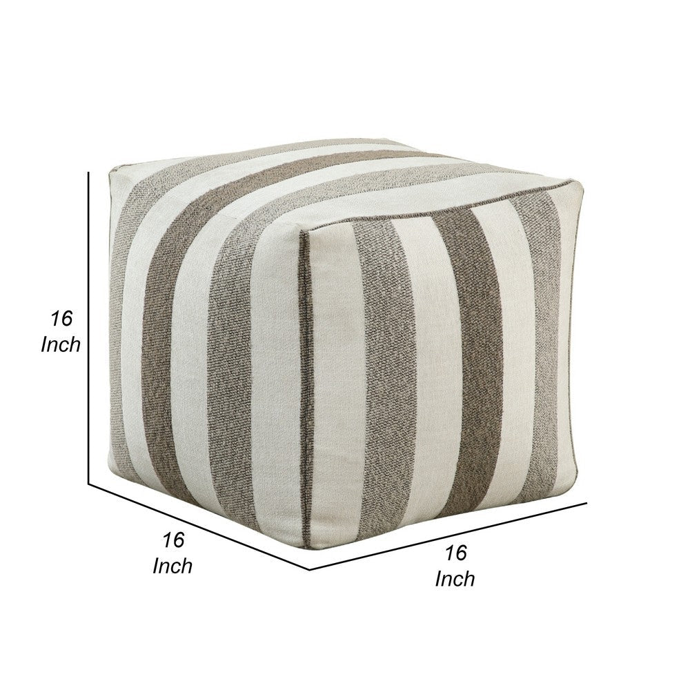Modern Pouf Ottoman | White Taupe Wide Striped Jacquard | 16’’ Square BM336173