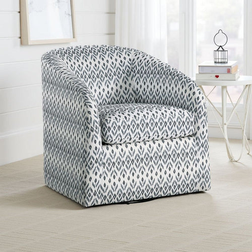 Reedie Swivel Armchair | Blue | White Geometric Pattern Fabric
