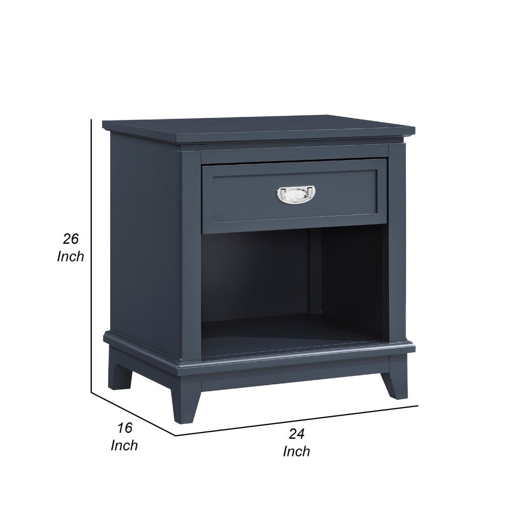 Sely Nightstand | 1 Drawer w Open Cubby | Navy Blue Wood | Ring Handle