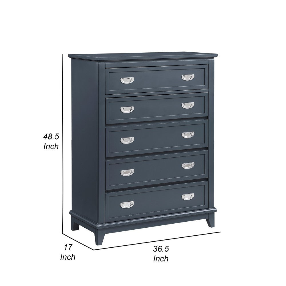 Sely Tall Dresser Chest | 5 Drawers | Navy Blue | Nickel Ring Handles