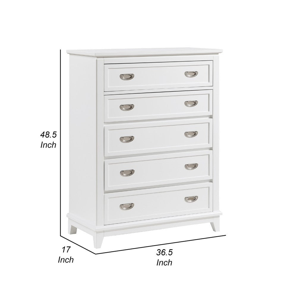 Sely Tall Dresser Chest | 5 Drawers | White Wood | Nickel Ring Handles