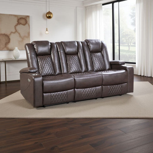 Power Recliner Sofa | 83" | Brown Faux Leather | Drop Down Table