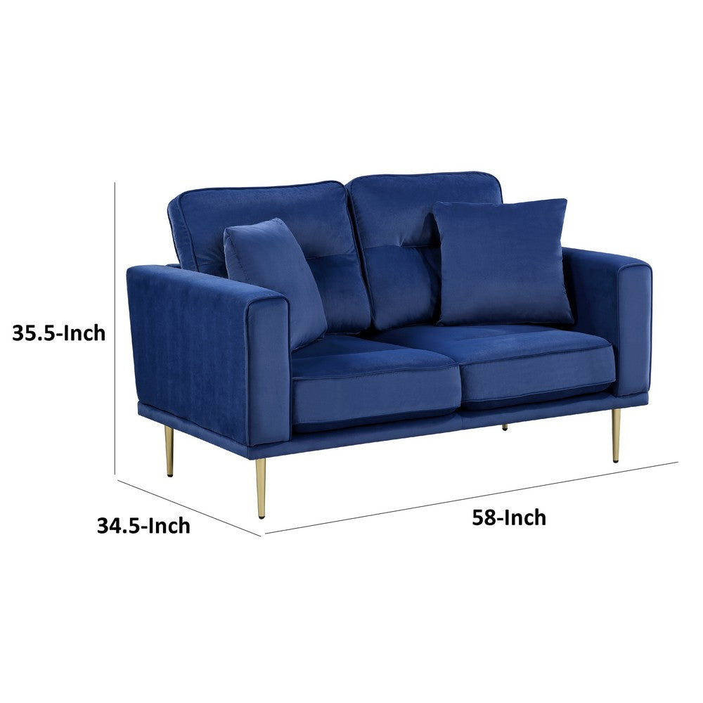 Voxo Loveseat with 2 Accent Pillows | Blue Velvet Padded Seat | 58’’ BM336260
