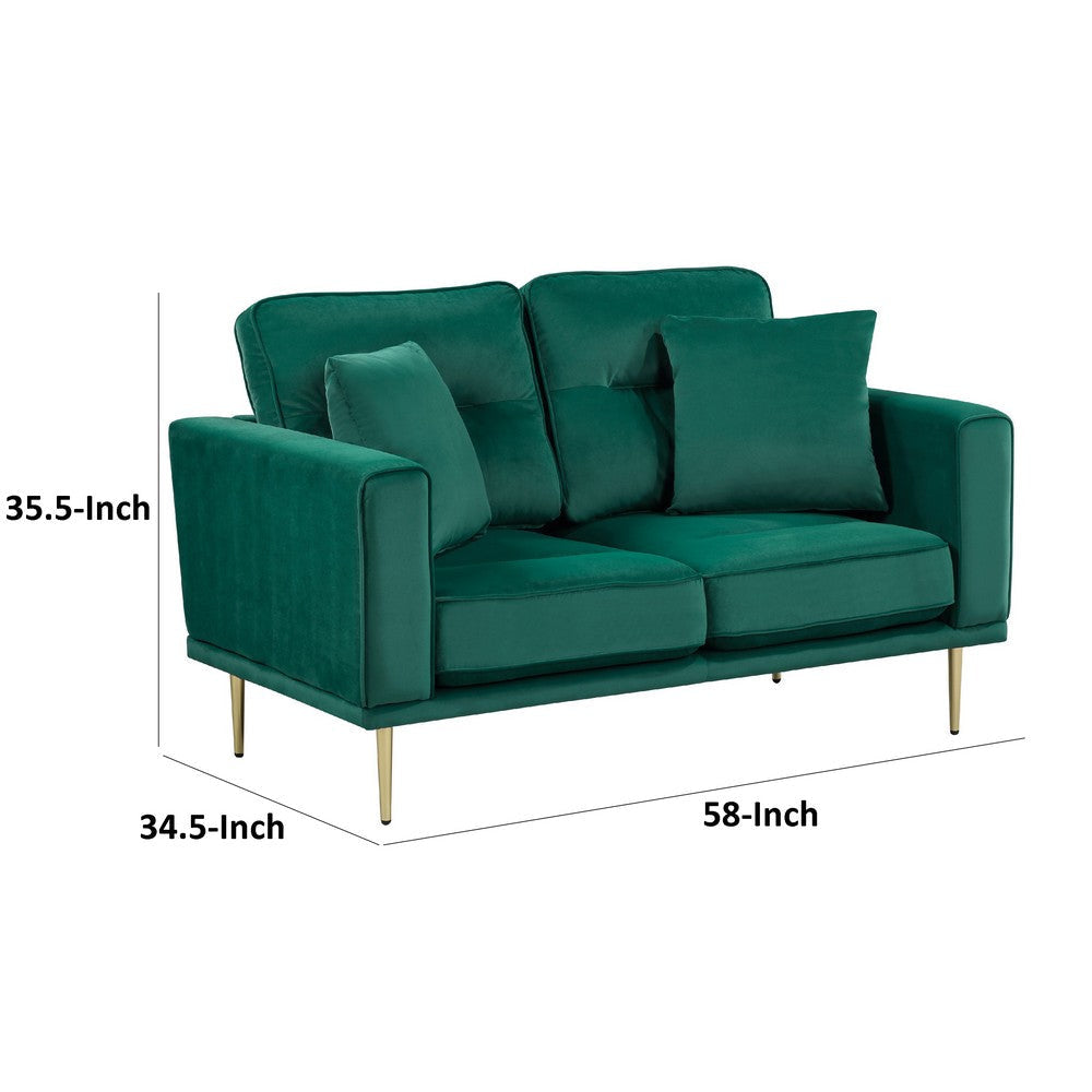 Voxo Loveseat | Green Velvet Padded Seat | Two Accent Pillows | 58’’