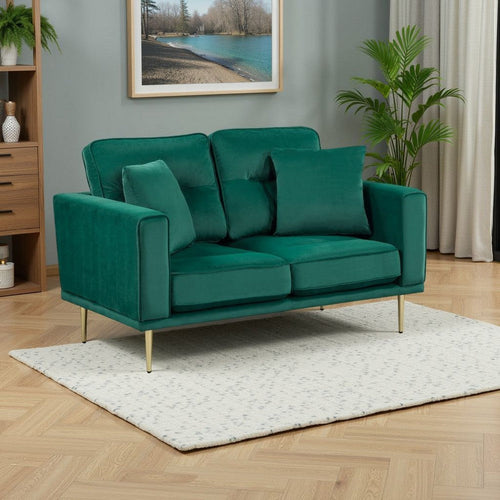 Voxo Loveseat | Green Velvet Padded Seat | Two Accent Pillows | 58"
