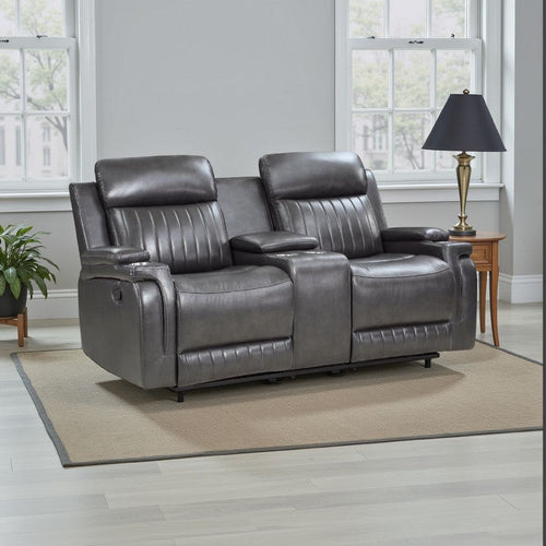 Jolo Manual Recline Loveseat | Center Console 73" Gray Faux Leather