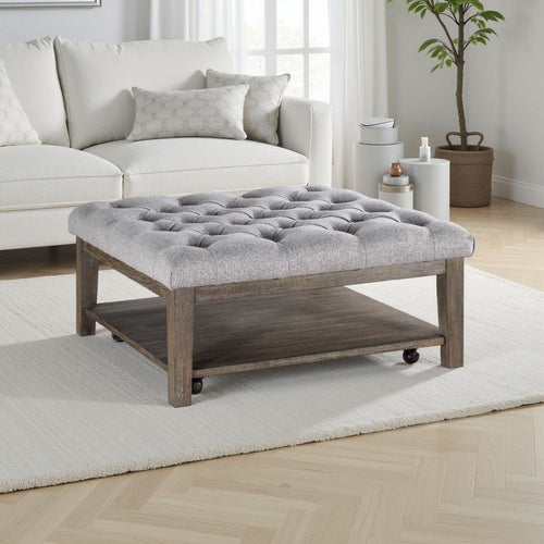 Bori Coffee Table Ottoman | 39" Button Tufted Gray | Brown Wood