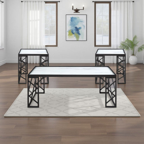 Anya 3pc Coffee and End Table Set | White Marble Print Glass | Black