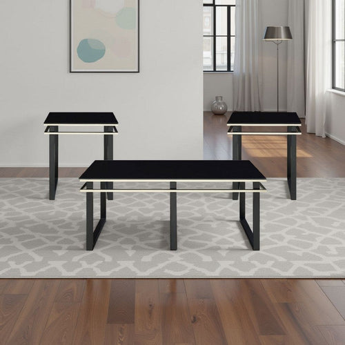 Zamie 3pc Coffee and End Table Set | Black Glass Top | Gold Accents