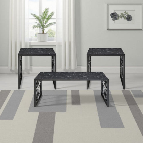 Melin 3pc Coffee and End Table Set | Geometric Black Glass Marbled Top