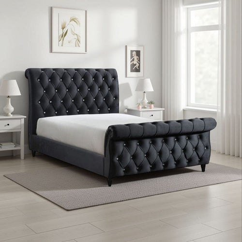Ellowen King Sleigh Bed | Diamond Tufted | Black Velvet Upholstery