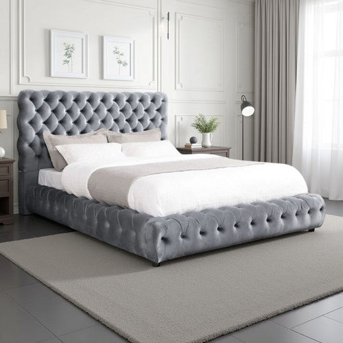 Goy Queen Bed | Diamond Tufted Gray Velvet Upholstery | Low Profile