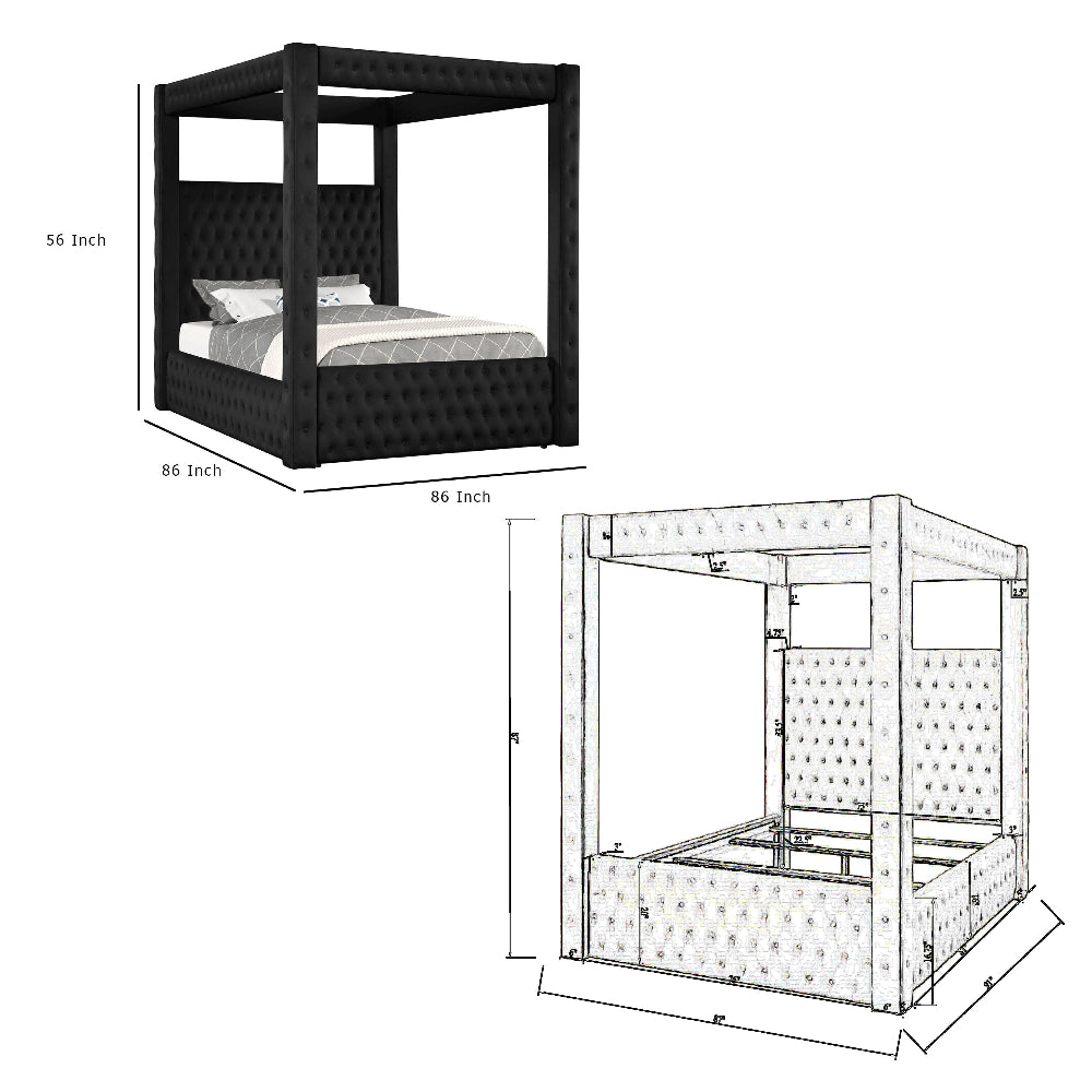 Beli King Size Canopy Bed | Tufted Design | Black Velvet Upholstery