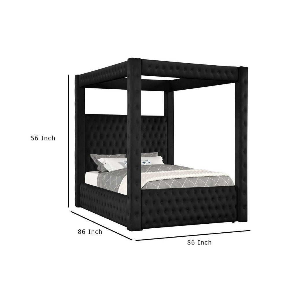 Beli Queen Size Canopy Bed | Tufted Design | Black Velvet Upholstery