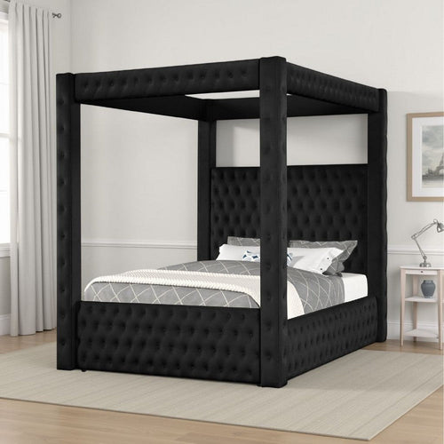 Beli Queen Size Canopy Bed | Tufted Design | Black Velvet Upholstery