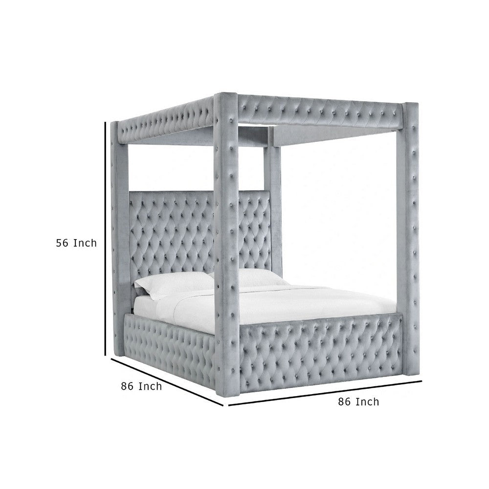 Beli King Size Canopy Bed | Tufted Design | Gray Velvet Upholstery