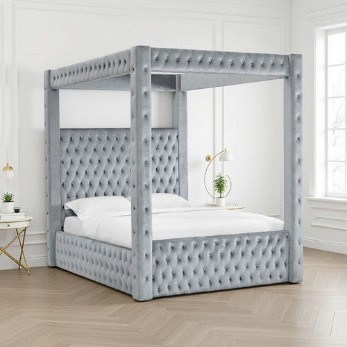 Beli Queen Size Canopy Bed | Tufted Design | Gray Velvet Upholstery