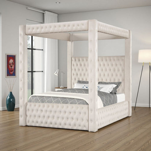 Beli King Size Canopy Bed | Tufted Design | Ivory Velvet Upholstery