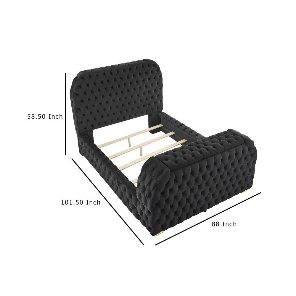 Kery King Bed w Lift TV Stand LED Fireplace | Black Velvet Upholstery