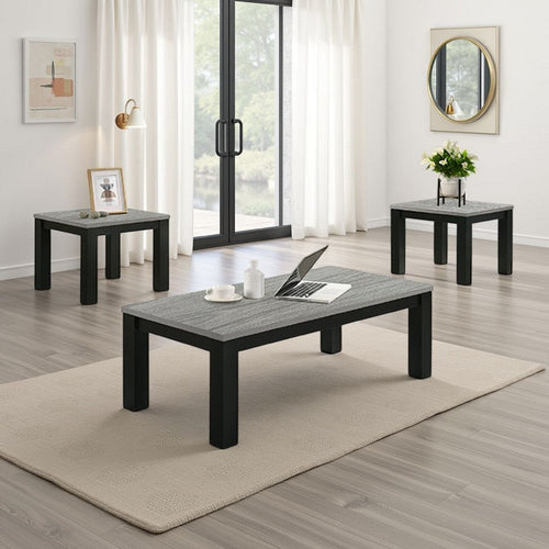 Tex 3pc Coffee and Side End Table Set | Gray Top | Black Wood Legs