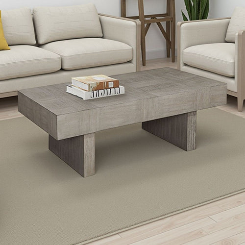 Lezy Coffee Table | 52" | Gray Oak Wood Top | Double Pedestal Base